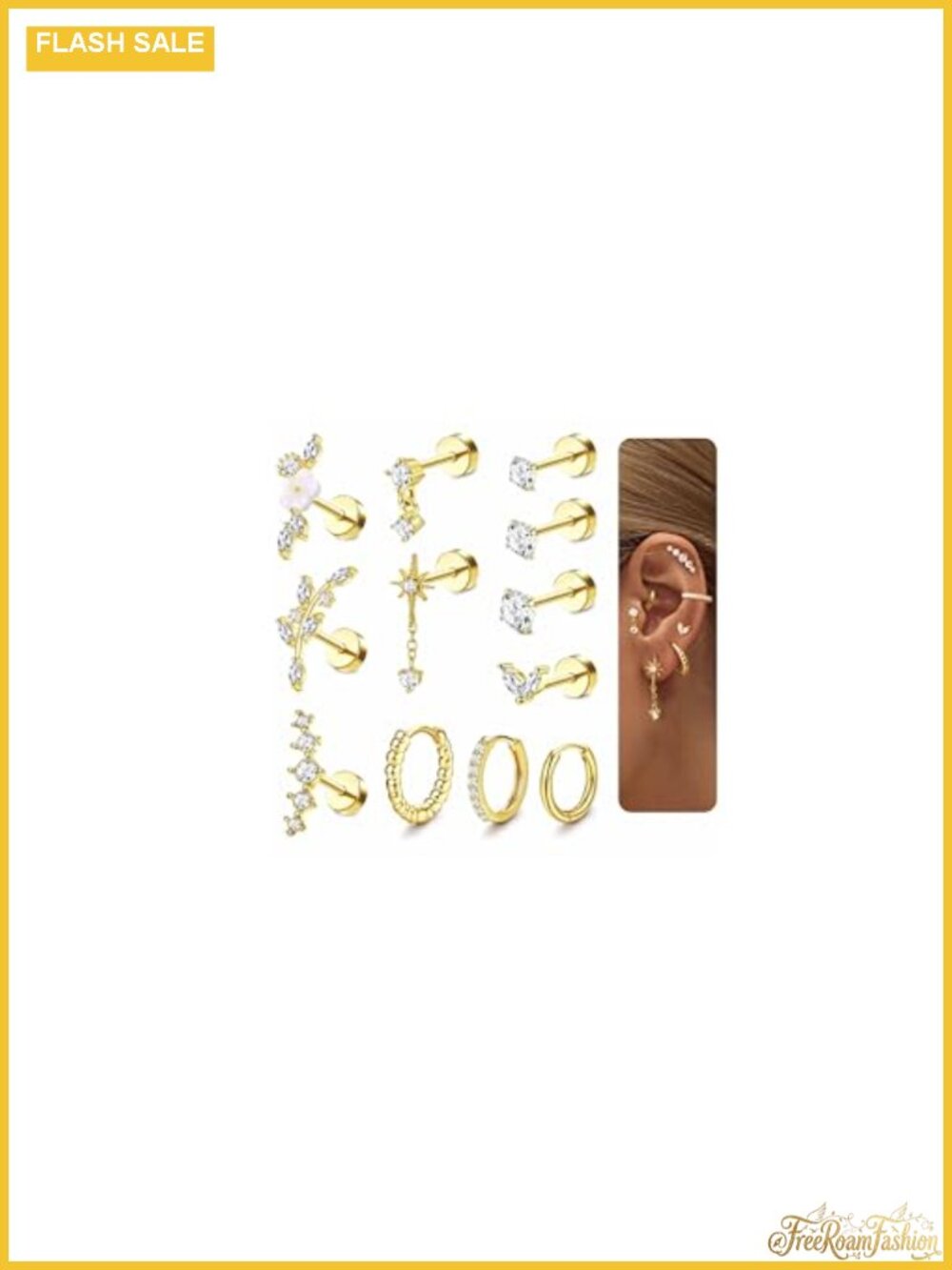 Cartilage Earring Set 12PCS 16G Flat Back Stud Tragus Helix Hoop 316L Steel